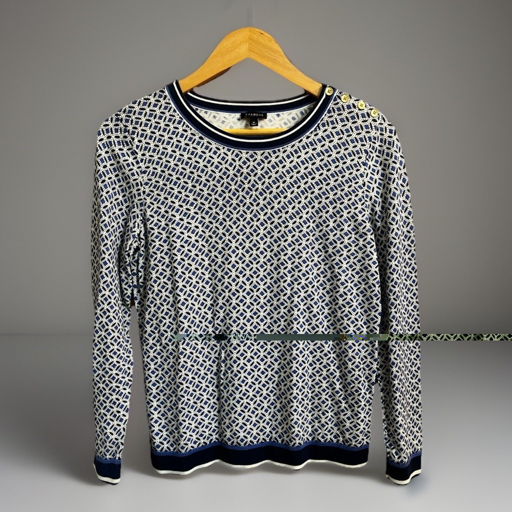Talbots Lightweight Long Sleeve Blue White Button Shoulder Sweater Top Size M